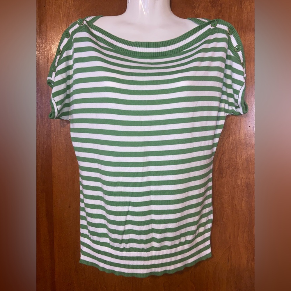 2/$30  Talbots‎ Petites Green & White Striped Top with Green Buttons P Small